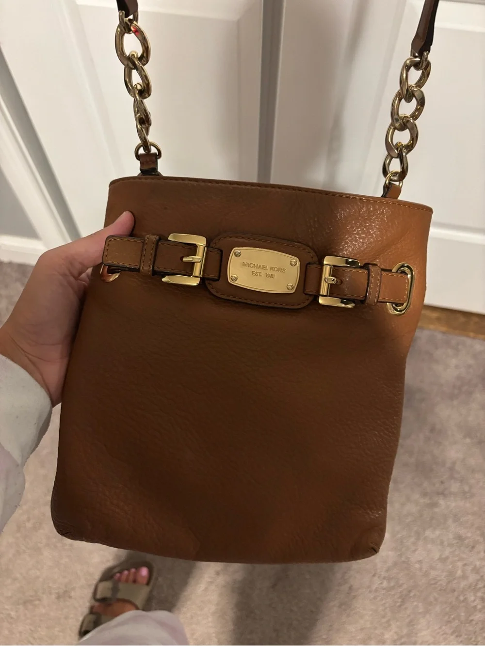 Michael Kors Brown Pebbled Leather Chain-Accent Crossbody Bag